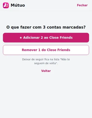 Tela com as ações Adicionar ao Close Friends e Remover do Close Friends