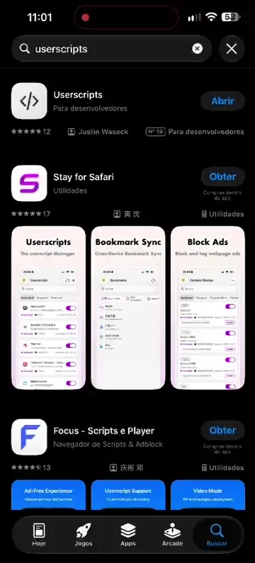 App Store com o Userscripts no topo da busca