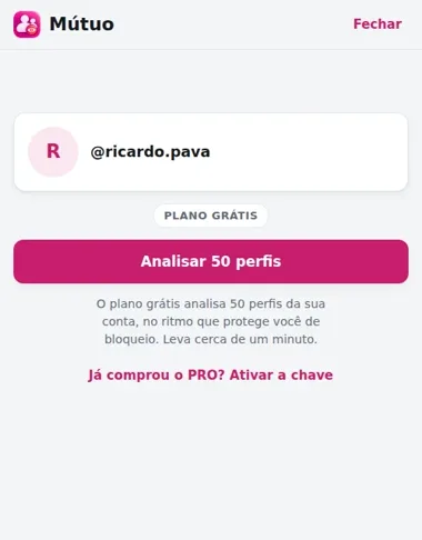 Tela do Mútuo com a conta, o selo Plano grátis e o botão Analisar 50 perfis