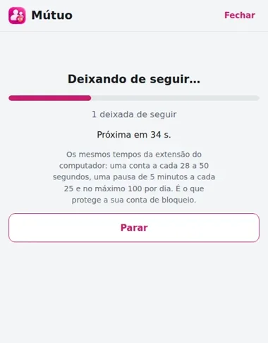 Tela Deixando de seguir, com a próxima conta em 25 segundos e o botão Parar