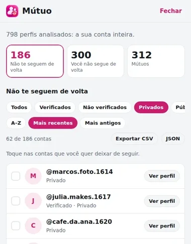 Lista com filtros de privados e mais recentes, e os botões Exportar CSV e JSON