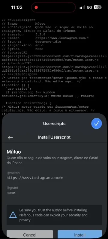 Janela do Userscripts com o título Install Userscript, o nome Mútuo e o botão Install